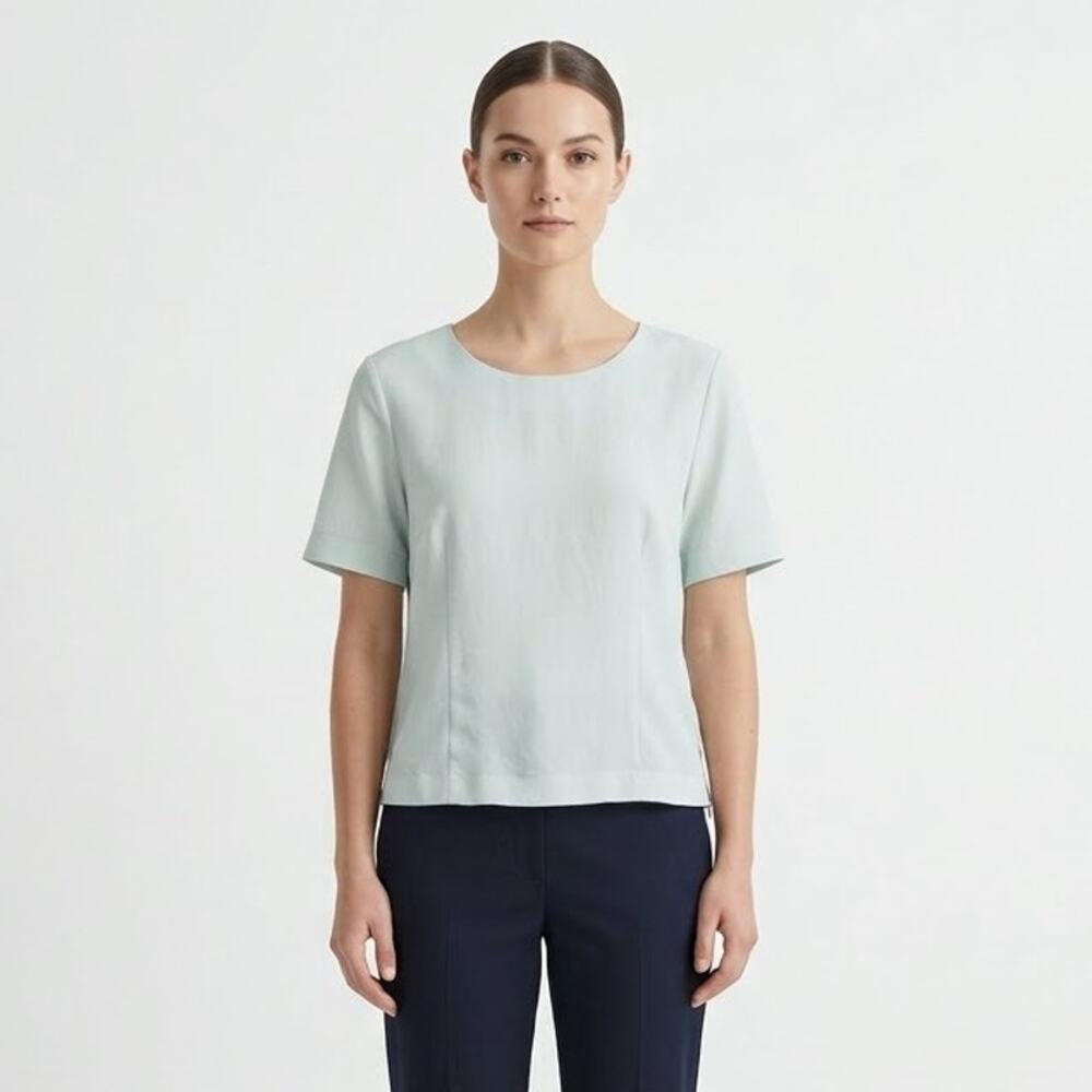 Vintage Sheer Jodel Side Zip Blue Short Sleeve Cropped Round Neck Top